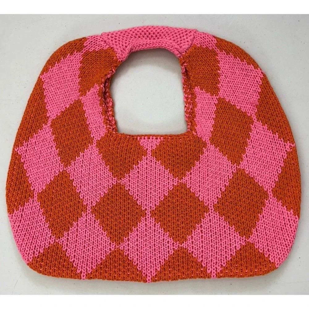 Kopari Limited Edition Knit Argyle Bag Pink Orange Woven Shoulder Hobo Purse